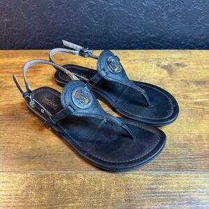 Michael Kors Womens US 7M‎ EU 37 Black Leather MK Logo Thong Slingback Sandals